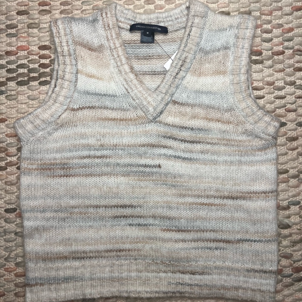 French Connection Knit Sweater Vest - Beige, grey, cream, brown stripes.
